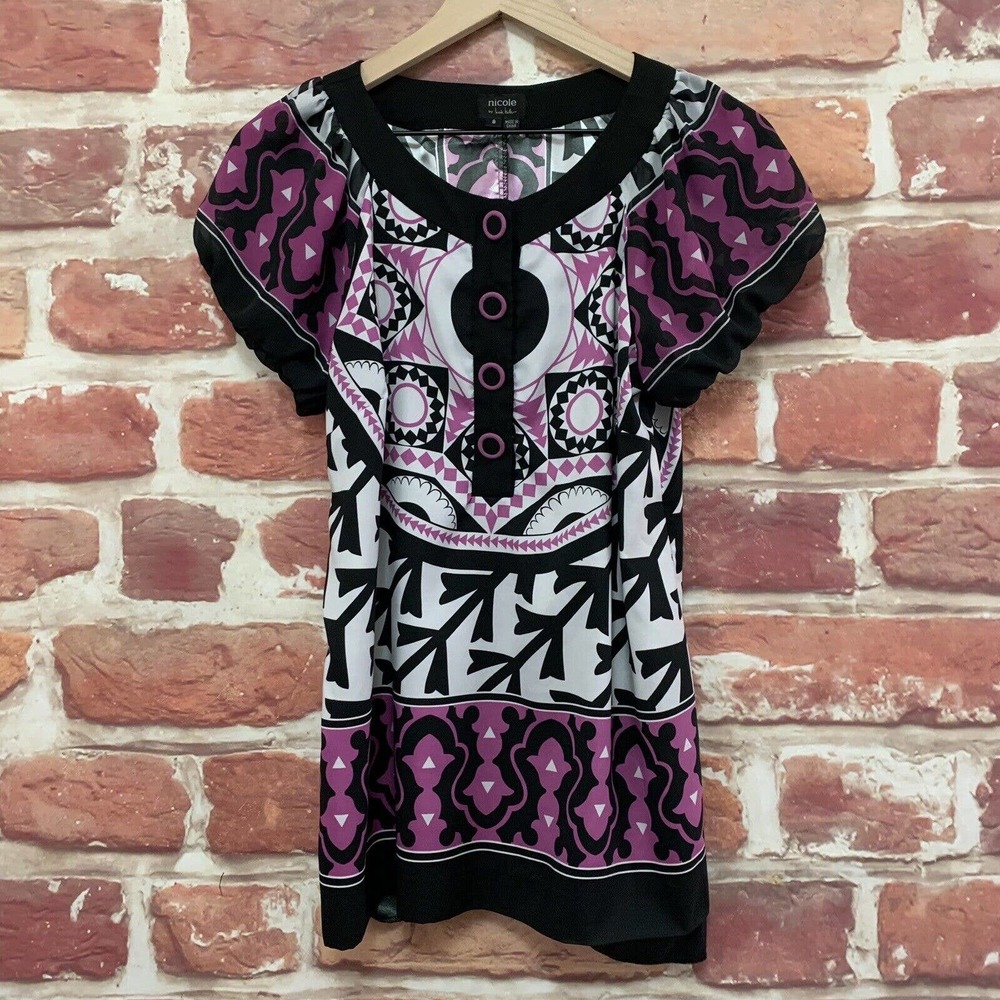 Nicole Miller Top Women's Size 8 Purple Black Multicolor Boho Abstract Blouse